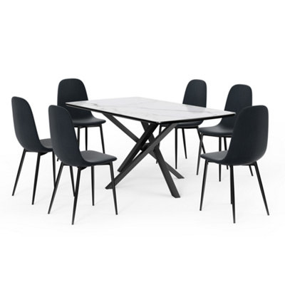 VonHaus Dining Table & Chairs Set, 6 Seater Table with Blue Dining Chairs, White Marble Effect Ceramic Dinner Table with 6 Chairs