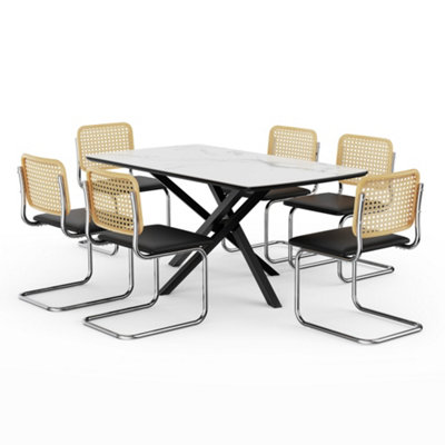 VonHaus Dining Table & Chairs Set, 6 Seater Table with Cantilever Chairs, White Ceramic Marble Effect Dinner Table w/ 6 Chairs