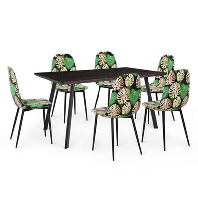 VonHaus Dining Table & Chairs Set, 6 Seater Table with Palm Print Dining Chairs Set, Dark Wood Effect Dinner Table & 6 Chairs