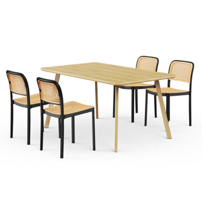VonHaus Dining Table & Chairs Set, Rectangular Dining Table with 4 Dining Chairs, Dinner Table with 4 Plastic Rattan Effect Chairs