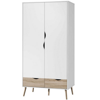 VonHaus Double Wardrobe, White & Oak Effect 2 Door 2 Drawer Bedroom ...