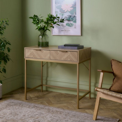 VonHaus Dressing Table for Bedroom, Herringbone 2 Drawer Vanity Desk with Gold Handles & Legs, Chevron Makeup Table, Ducie