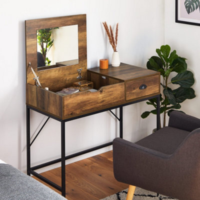 VonHaus Dressing Table Lift Up Mirror Storage Compartment Drawer Industrial Dark Wood Effect Desk Vanity