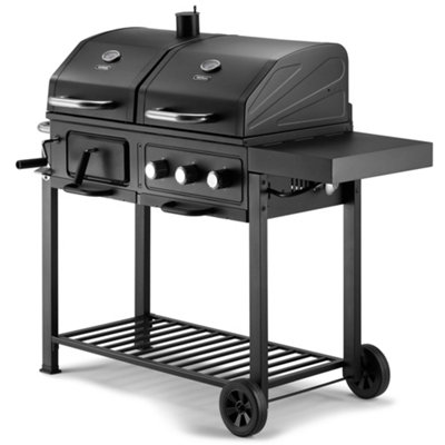 VonHaus Dual Fuel BBQ, 2 in 1 Charcoal & Gas Barbecue with Warming Rack, Fold Shelf, Temperature Gauges, Wheels, Cooking Grills