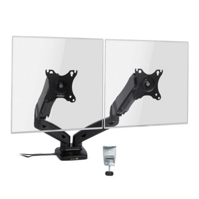 VonHaus Dual Monitor Mount for 17-32 Inch Screens - Gas Spring with Clamp and USB Port - 180 Tilt, & 360 Rotation & Swivel Arms