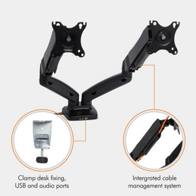 VonHaus Dual Monitor Mount for 17-32 Inch Screens - Gas Spring with Clamp  and USB Port - 180 Tilt, & 360 Rotation & Swivel Arms