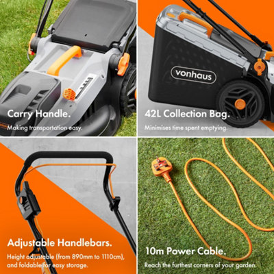 VonHaus Electric Lawnmower 1600W Corded 42L Collection Box 5 Cutting Heights 38cm Cutting Width 10m Power