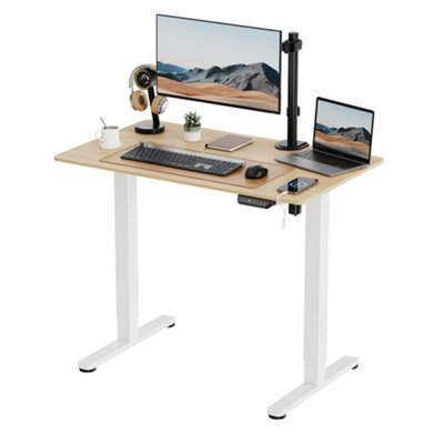 VonHaus Electric Standing Desk, Height Adjustable Sit Stand Desk w/USB-C Charging & Cable Management, Wooden Desktop & White Frame