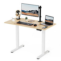 VonHaus Electric Standing Desk, Height Adjustable Sit Stand Desk w/USB-C Charging & Cable Management, Wooden Desktop & White Frame