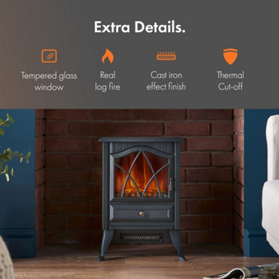 VonHaus Electric Stove Heater 1800W, Indoor Log Wood Burner Burning Effect, Free Standing Fire, Portable Fireplace, LED Flame