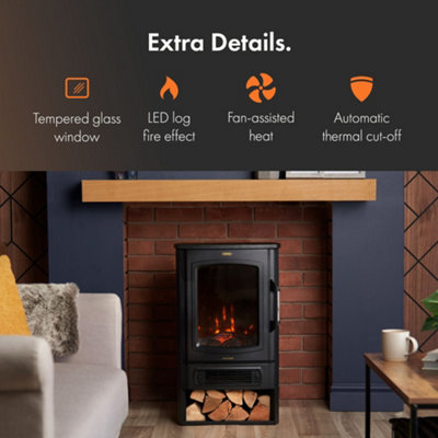 VonHaus Electric Stove Heater 2000W, Electric Fireplace, Indoor Log/Wood  Burner Effect, Freestanding Fire, Log Storage, Panoramic | DIY at Bu0026Q