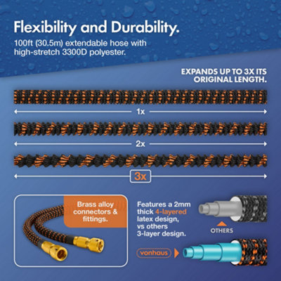 VonHaus Expandable Garden Hose 100FT with 10-Pattern Spray Nozzle, 2 Brass Fittings, 4-Layer Latex Core, Wall Mounted