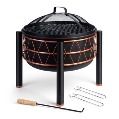 VonHaus Fire Pit, Round Firepit for Garden Patio, Poker, Lid, Black