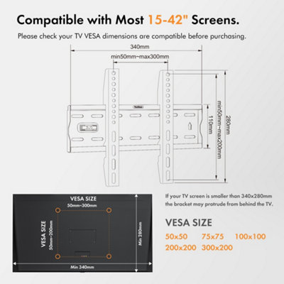 VonHaus Flush TV Bracket for 15-42" Screens, Ultra-Slim Wall Mount w/Spirit Level, 40kg Capacity, Max VESA: 300x200m