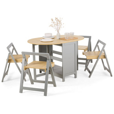 VonHaus Foldable Table and Chairs Set 4, Grey Dining Room Set with Drop Leaf Table & Folding Chairs, Butterfly Dining Set, Firbeck