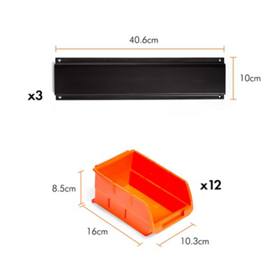VonHaus Garage and Van Storage Solution, 12Pc Wall Mount Storage Bins with 3 Adjustable Backplates - Bolt, Nuts, Tool Organiser