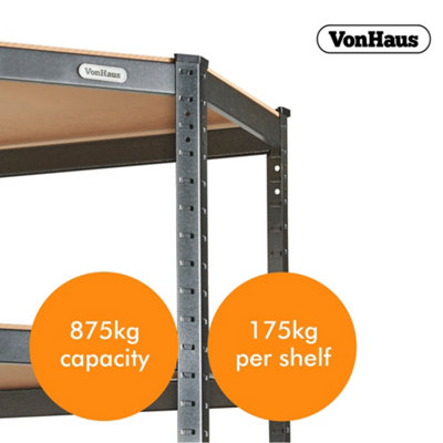 VonHaus Garage Shelving, 5-Tier Heavy Duty Corner Storage, Galvanised Steel Shelves for Garage, Shed & Workshop, 875kg Capacity