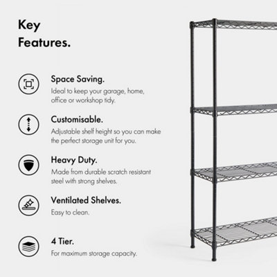 VonHaus Garage Shelving Units, Adjustable 4-Tier Metal Wire Shelving Unit for Storage, Pantry, Garage or Greenhouse Shelves