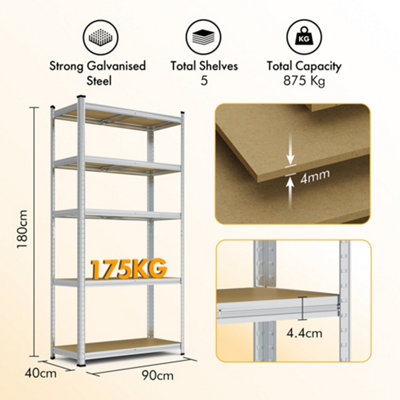 VonHaus Garage Shelving Units, Heavy Duty Shelving Unit for Home, Office & Garage Storage, 5-Tier Shelving, 175kg Capacity P/Shelf