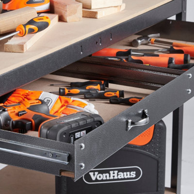 VonHaus Garage Work Bench with Pegboard - Suitable for Most Garage Equipment - Storage Drawer, Shelf and 20 Hooks - 230kg Capacity