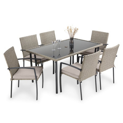 VonHaus Garden Dining Set, Rattan 6 Seater Dining Table Set for Patio, 7pc 6 Person Outdoor Table & Chairs, Removable Cushions