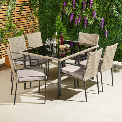 VonHaus Garden Dining Set, Rattan 6 Seater Dining Table Set for Patio, 7pc 6 Person Outdoor Table & Chairs, Removable Cushions