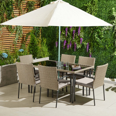 VonHaus Garden Dining Set, Rattan 6 Seater Dining Table Set for Patio, 7pc 6 Person Outdoor Table & Chairs, Removable Cushions