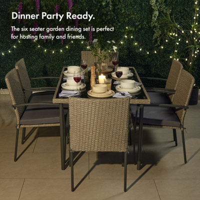 VonHaus Garden Dining Set, Rattan 6 Seater Dining Table Set for Patio, 7pc 6 Person Outdoor Table & Chairs, Removable Cushions