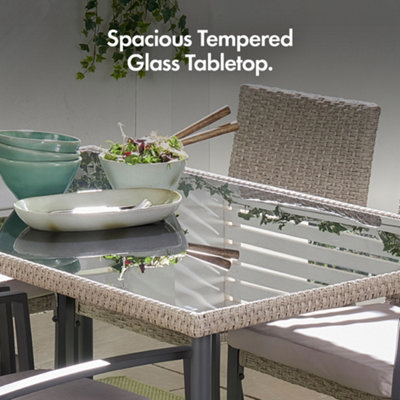 VonHaus Garden Dining Set, Rattan 6 Seater Dining Table Set for Patio, 7pc 6 Person Outdoor Table & Chairs, Removable Cushions