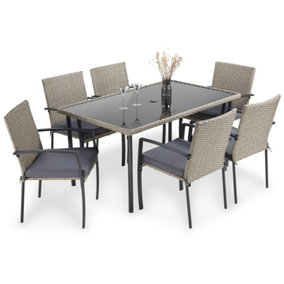 VonHaus Garden Dining Set, Rattan 6 Seater Dining Table Set for Patio, 7pc 6 Person Outdoor Table & Chairs, Removable Cushions