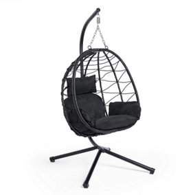 VonHaus Garden Egg Chair & Stand, Black Folding Swing Chair, Cocoon Hanging Chair, Rattan Effect 1 Seater Swing Seat w/ Cushions