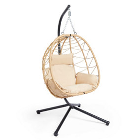 VonHaus Garden Egg Chair & Stand, Cream Folding Swing Chair, Cocoon Hanging Chair, Rattan Effect 1 Seater Swing Seat w/ Cushions