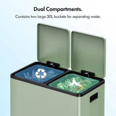 VonHaus Green 60L Waste & Recycling Kitchen Bin, 2 x 30L Compartment ...