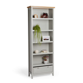 VonHaus Grey & Ash Wood Veneer Bookcase, Free Standing Pine 5 Tier Bookshelf & Shelving Unit With Drawer for Lounge & Living Room