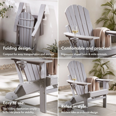VonHaus Grey Folding Adirondack Chair, Foldable Fire Pit Chair for Garden, Waterproof HDPE Slatted Firepit & Garden Chair