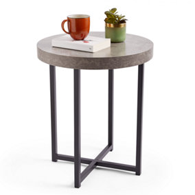 VonHaus Grey Side Table - Concrete Effect Graphite Round End Table for Lounge, Living Room, Bedroom with Industrial Black Legs