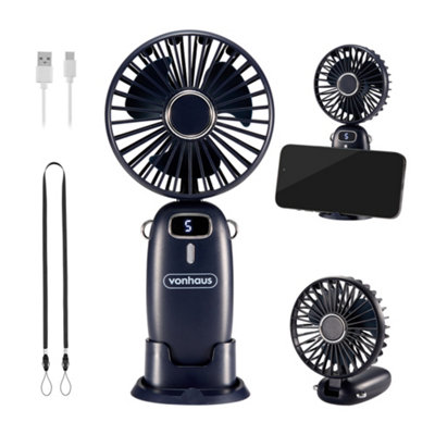 VonHaus Handheld Fan, Mini, Portable, Lightweight, USB Rechargeable, 5 Speeds, 90 Degree Folding, 60cm Lanyard, Phone Stand