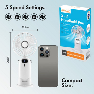 VonHaus Handheld Fan, Portable, Lightweight, USB Rechargeable, 5 Speeds, 90 Degree Folding, 60cm Lanyard, Phone Stand