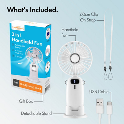 VonHaus Handheld Fan, Portable, Lightweight, USB Rechargeable, 5 Speeds, 90 Degree Folding, 60cm Lanyard, Phone Stand
