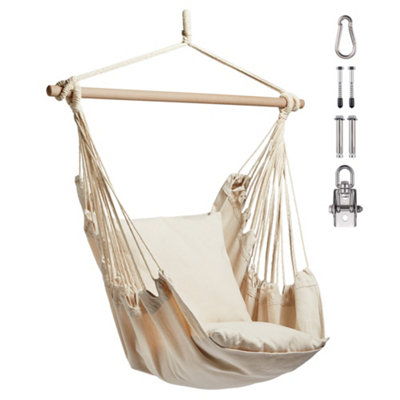 VonHaus Hanging Chair Beige Garden Hammock Chair Swing Seat Cotton Rope Swing Chair with Tree Attachment Portable Garden Chair