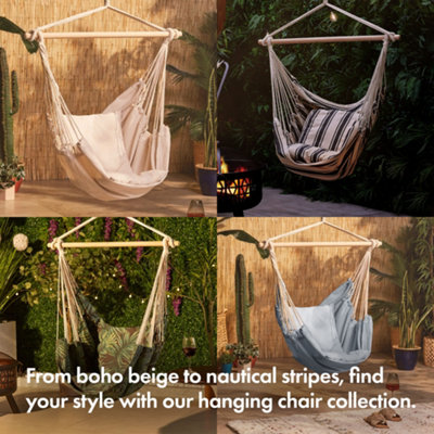 VonHaus Hanging Chair Beige Garden Hammock Chair Swing Seat Cotton Rope Swing Chair with Tree Attachment