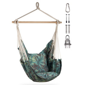 VonHaus Hanging Chair, Palm Leaf Print Hammock Chair Swing Seat, Cotton Rope Swing Chair with Attachments, Portable Garden Chair