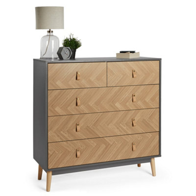 VonHaus Herringbone Chest of Drawers, Grey & Wood Effect 5 Drawer Dresser, Scandi Nordic Style Bedroom Drawers w/Tapered Legs