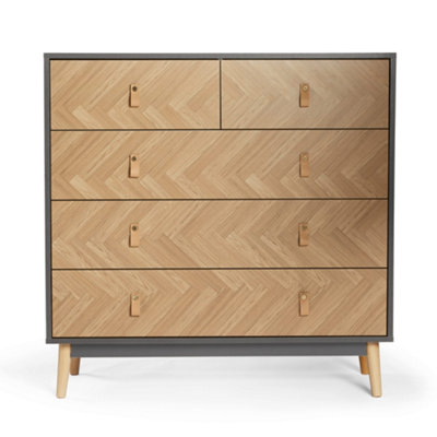 VonHaus Herringbone Chest of Drawers, Grey & Wood Effect 5 Drawer ...