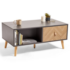 VonHaus Herringbone Coffee Table for Living Room, Grey & Wood 2 Drawer Centre Table, Tea Table w/ Shelves, Tapered Legs & Handle