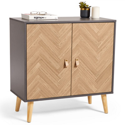 VonHaus Herringbone Sideboard - Grey & Wood Effect 2 Door Storage Cabinet - Modern Cupboard w/Tapered Legs for Living Room