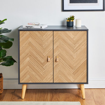 VonHaus Herringbone Sideboard - Grey & Wood Effect 2 Door Storage Cabinet - Modern Cupboard w/Tapered Legs for Living Room