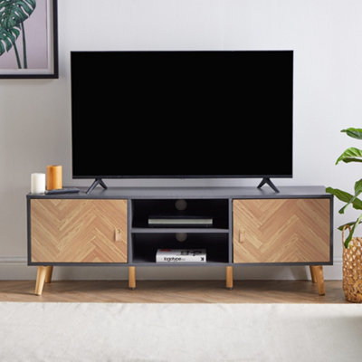VonHaus Herringbone TV Unit, Grey & Wood Effect TV Cabinet For TV's up to 65"  w/Storage Cupboards, Shelving & Tapered Legs