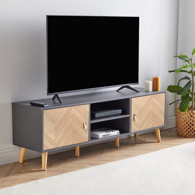 VonHaus Herringbone TV Unit, Grey & Wood Effect TV Cabinet For TV's up to 65"  w/Storage Cupboards, Shelving & Tapered Legs