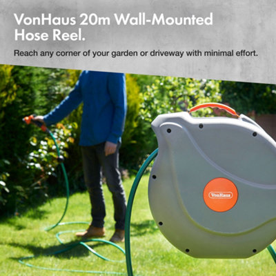 VonHaus 20m Garden Hose - Auto Rewind Wall-mounted Reel